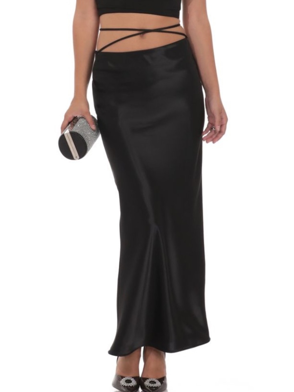 Lucy in the Sky Satin Wrap Maxi Skirt in Black